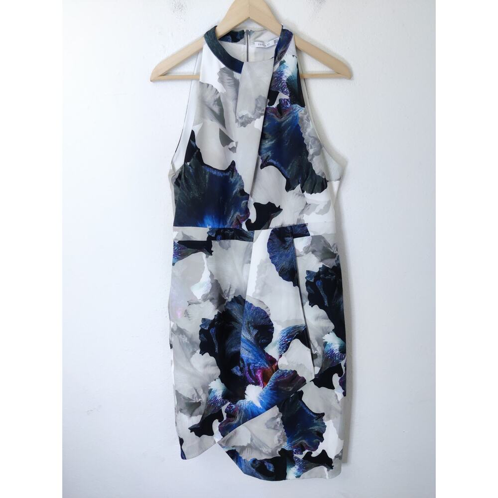 Cooper St. Gray & Blue Floral Sleeveless Halter Sheath Bodycon Dress Size 10